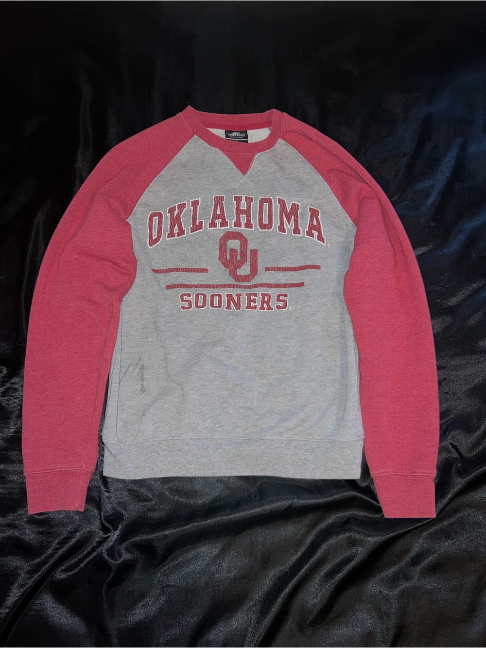 Colosseum Gray Crewneck with Crimson Raglan Sleeves and Oklahoma Print